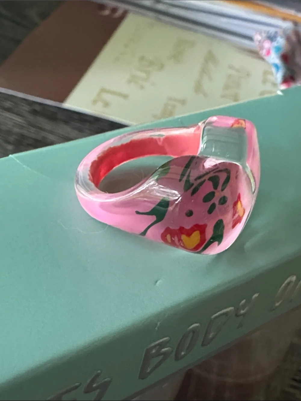 Y2K Hand painted Pink Floral Resin Ring